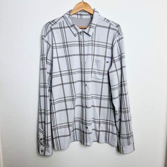 Vuori Men's XXL Seaview Plaid Flannel Button-Down Fleece Shirt Frost Grey White - Picture 6 of 9